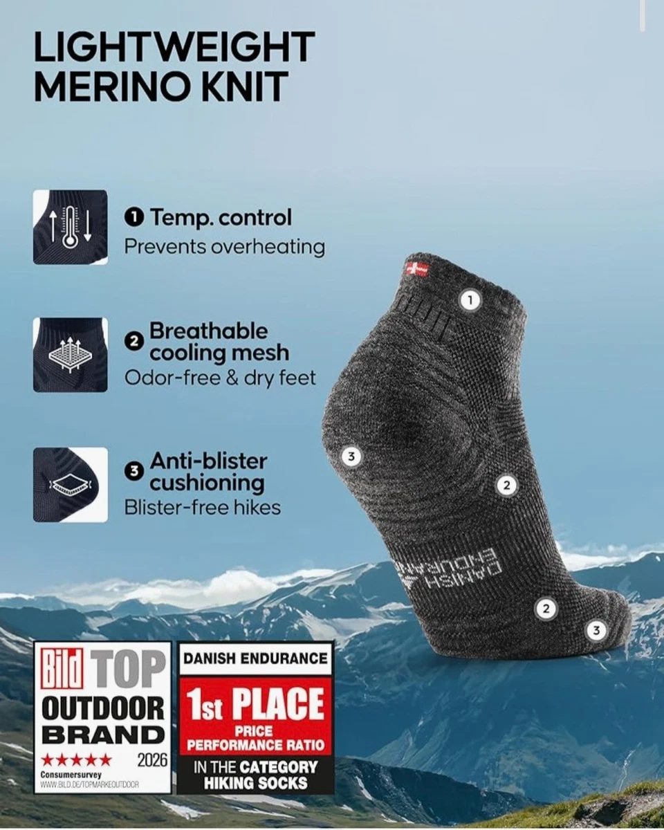 Paquete de 3 calcetines de senderismo DANISH ENDURANCE, lana merino ligera, anti ampollas Reino Unido 13-15