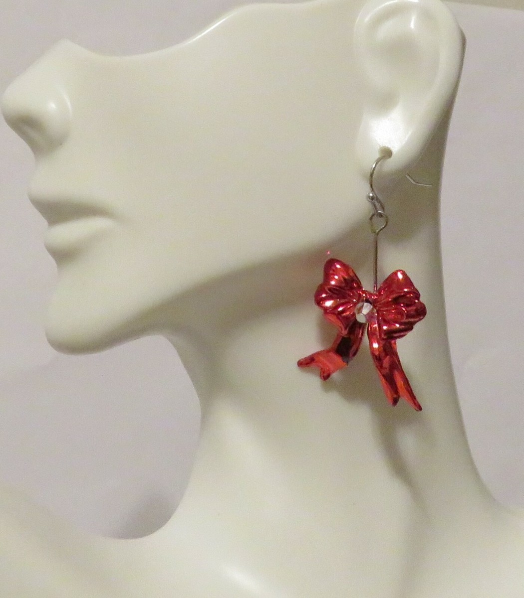 ★ wing bling★ 10k Ellaria Ribbon Earrings Funky BOWS RED RIBBON EARRINGS -Welcome Home- Fun Holiday