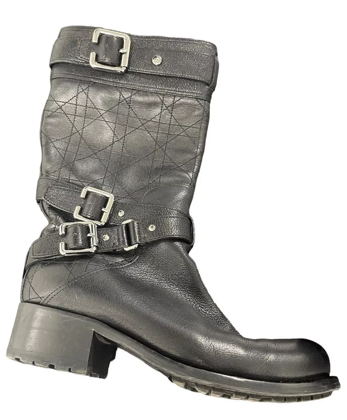 Bottes basses femme motard cannage CHRISTIAN DIOR cuir noir pointure 36