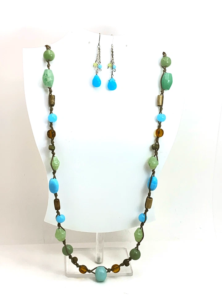 Colar Boho Brincos Pendurados Azul Aqua Contas de Vidro Verde Cordão Atado NY & Co - Imagem 4 de 4