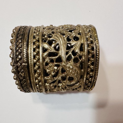 Vintage Messing Perlen Filigran Schmuckschatulle Deckel Türkis Fasanenmuster Indonesisch - Bild 8 von 23