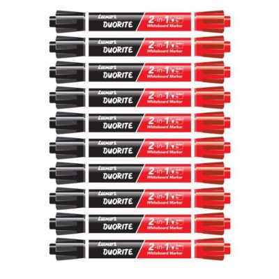 10 x LUXOR Duorite 2 in 1 SCHWARZ BLAU ROT Kugelspitze Whiteboard trocken abwischbarer Marker