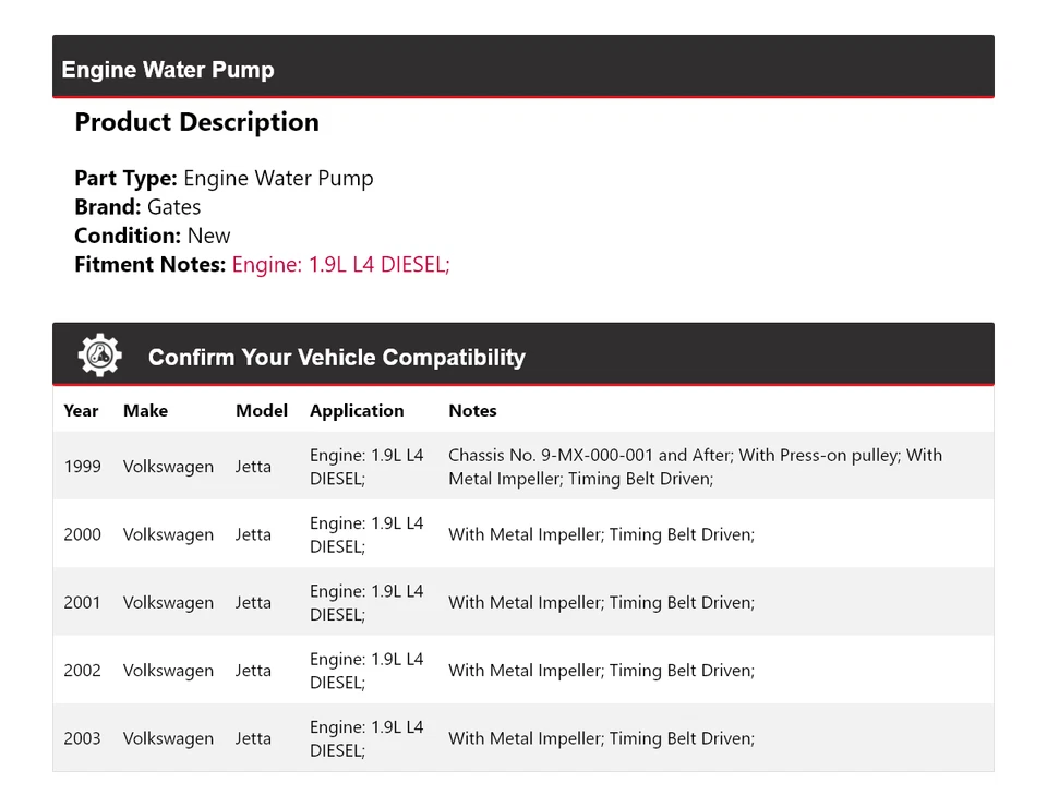 Para Volkswagen Jetta 1999-2003 1.9L L4 Motor Diesel Bomba Agua Puertas 2000 2001 Foto 2 de 4