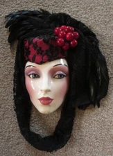 Clay Art Ceramic Face Wall Mask with Feathers and Lace, Gorgeous