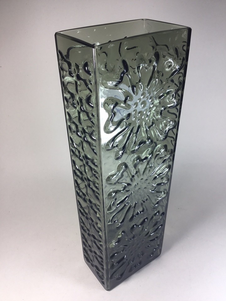 Vintage Grey Glass Flower Pattern Vase Ingrid Morche for Lausitzer