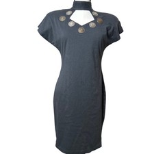 Vintage Black Mock Neck Cutout Medallion Bodycon Dress Shoulder Pads 90/80s Boho