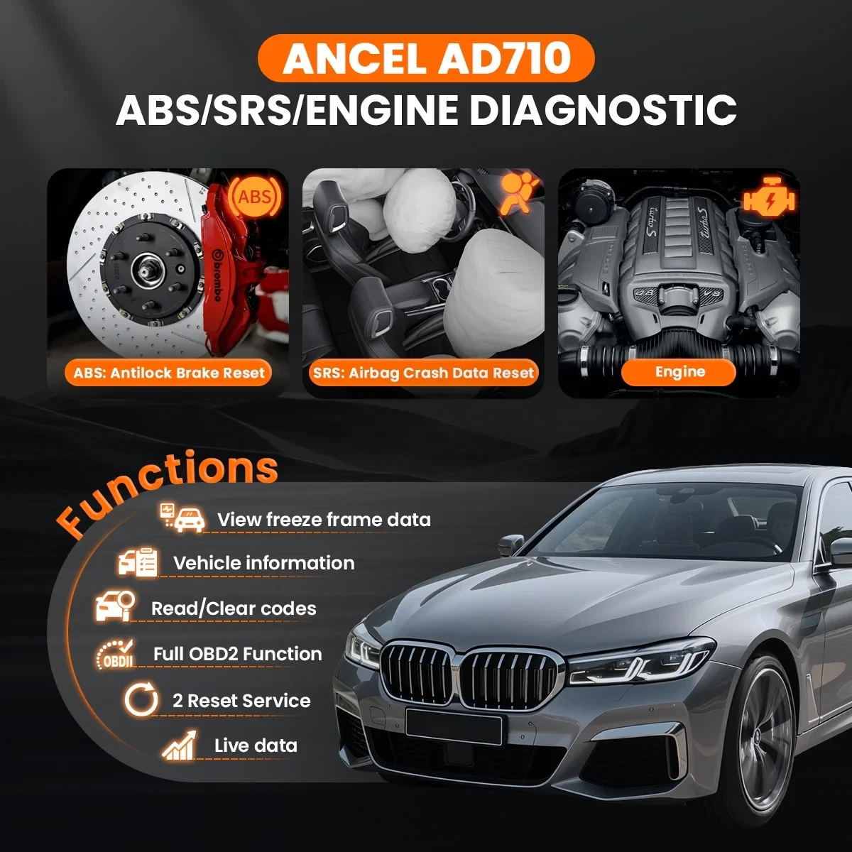 ANCEL AD710 OBD2 Scannr Battery Test ABS SRS Diagnostic Tool ABS