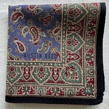 Blue Cotton VTG Handkerchief Paisley Border Red Green Damask Pocket Square 17"