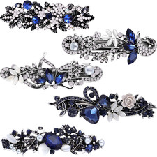 5Pcs Vintage Navy Crystal Rhinestone Pearl Hair Barrettes for Lady Wedding Party