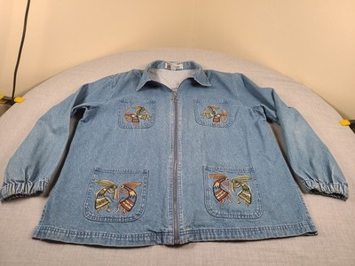Passion Denim Jacket Womens XL Blue Full Zip Native American Aztec Kokopelli Vtg