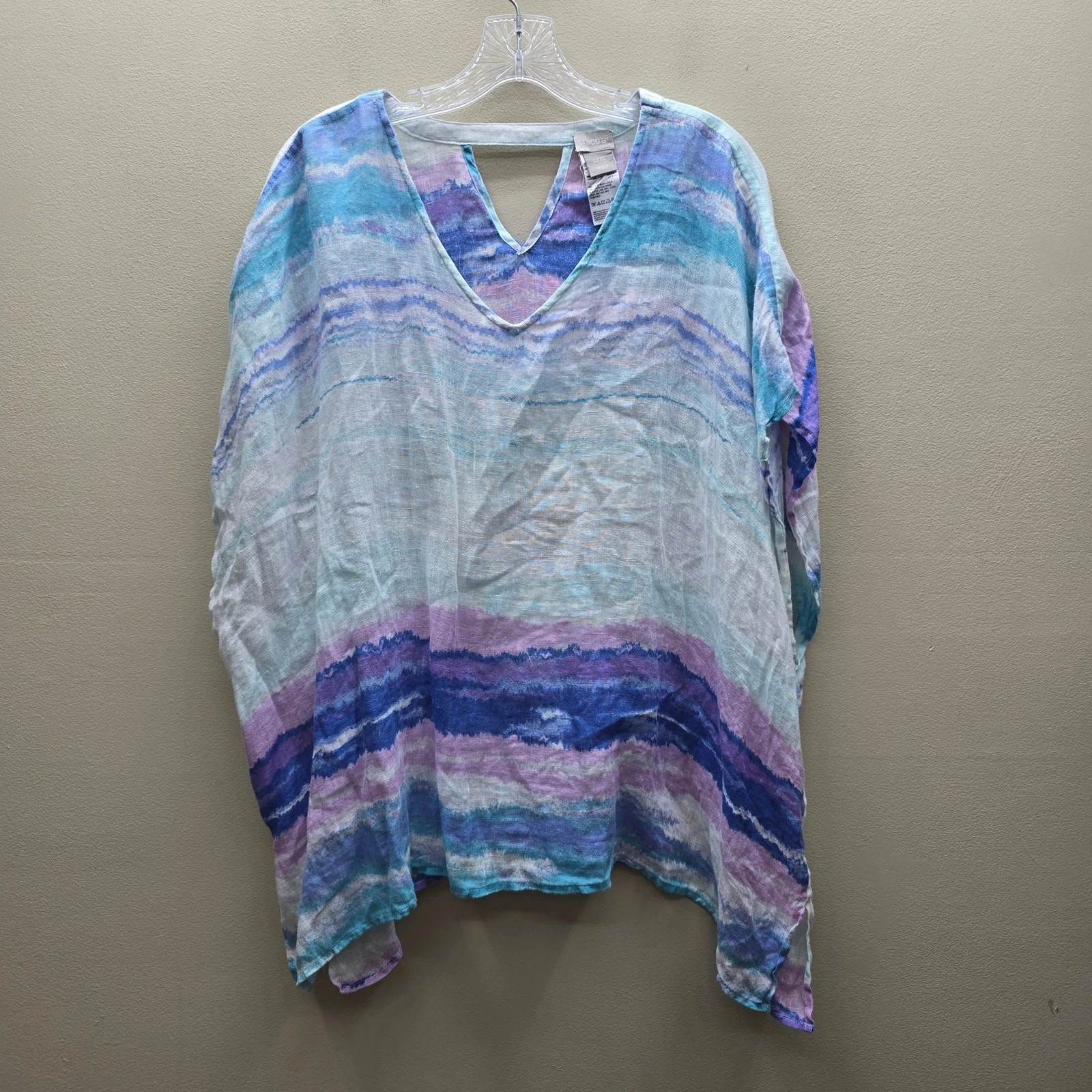 Chico's 100% Linen Mineral Wash Striped Poncho Top Watercolor Abstract SZ L/XL