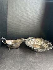 Ancien bol de service orné d'un plateau bateau à sauce en argent argenté #R86