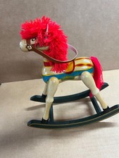 Vintage Decorative Wooden Rocking Horse With Red Yarn Mane  Tail. Decorative