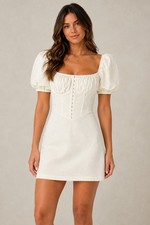 ASTR The Label Womens S Off White Corset Mini Dress Puff Sleeve Cottagecore