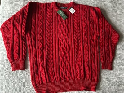 Woolovers Aran Pullover Herren XL 100% Schurwolle Rot Rundhals Zopfmuster Fischer
