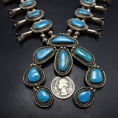 Precioso COLLAR VINTAGE de plata esterlina de los años 70 con gema azul turquesa flor de calabaza - Imagen 3 de 18