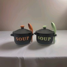 Pair Ceramic Soup Bowls With Lids & Ceramic Spoons Rustic Black Orange Green VGC