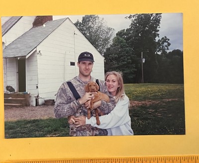 FOUND VINTAGE PHOTO PICTURE Man And Woman Holding A Brown Puppy 1998