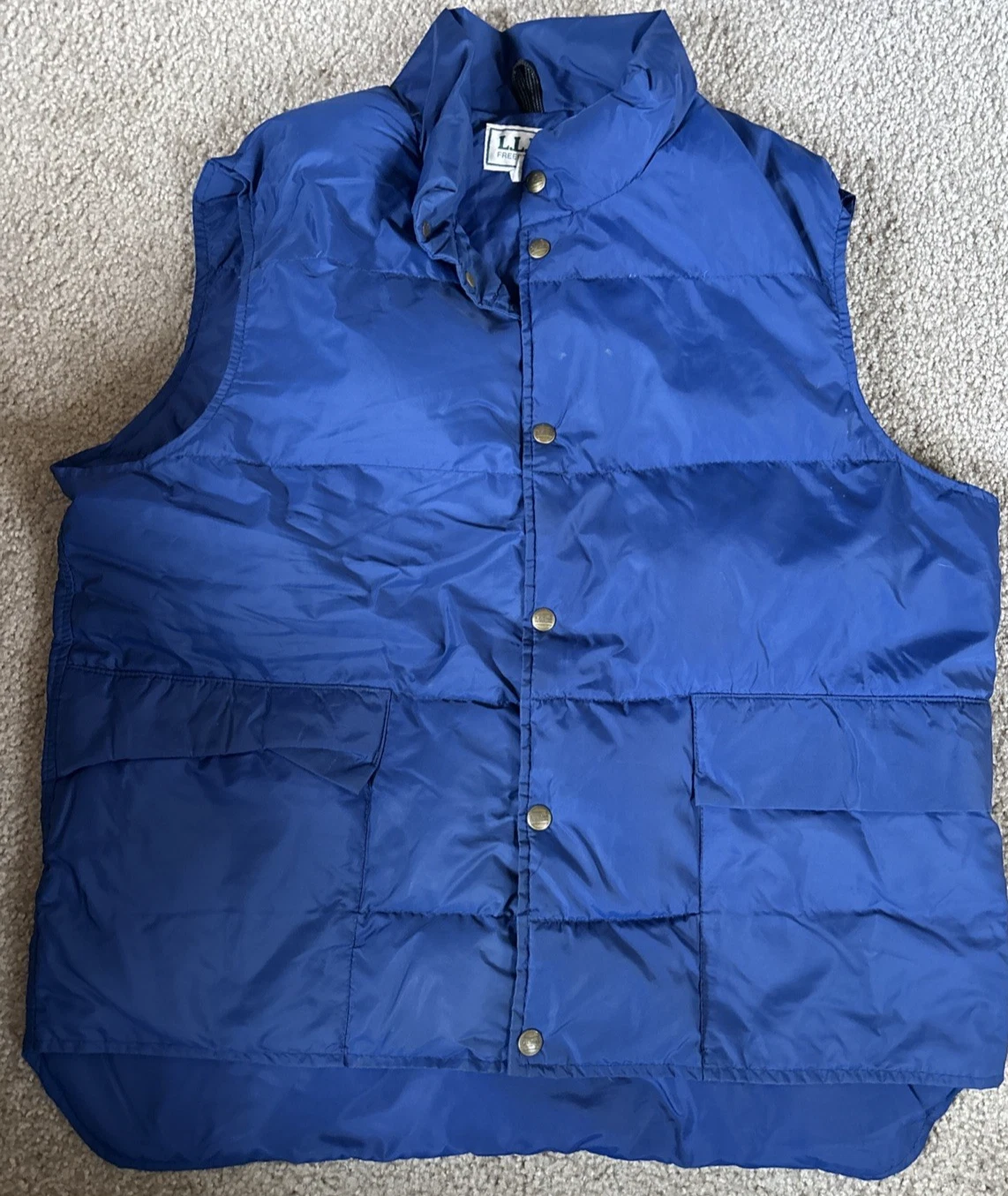 Vtg LL Bean Mens Large Nylon Snap Front Goose Down Puffer Vest Blue