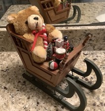 Vintage Christmas Teddy Bear In A Sleigh With Toys music box Plays Jingle Bells