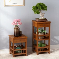 Bamboo Side End Table with Shelves 3-Tier Night Stand with Drawer and Plant Rack