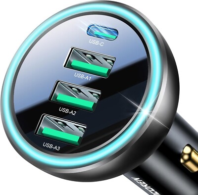 55W 4-Port Car Charger, Fast Charging USB C Car Charger for Multiple Devices