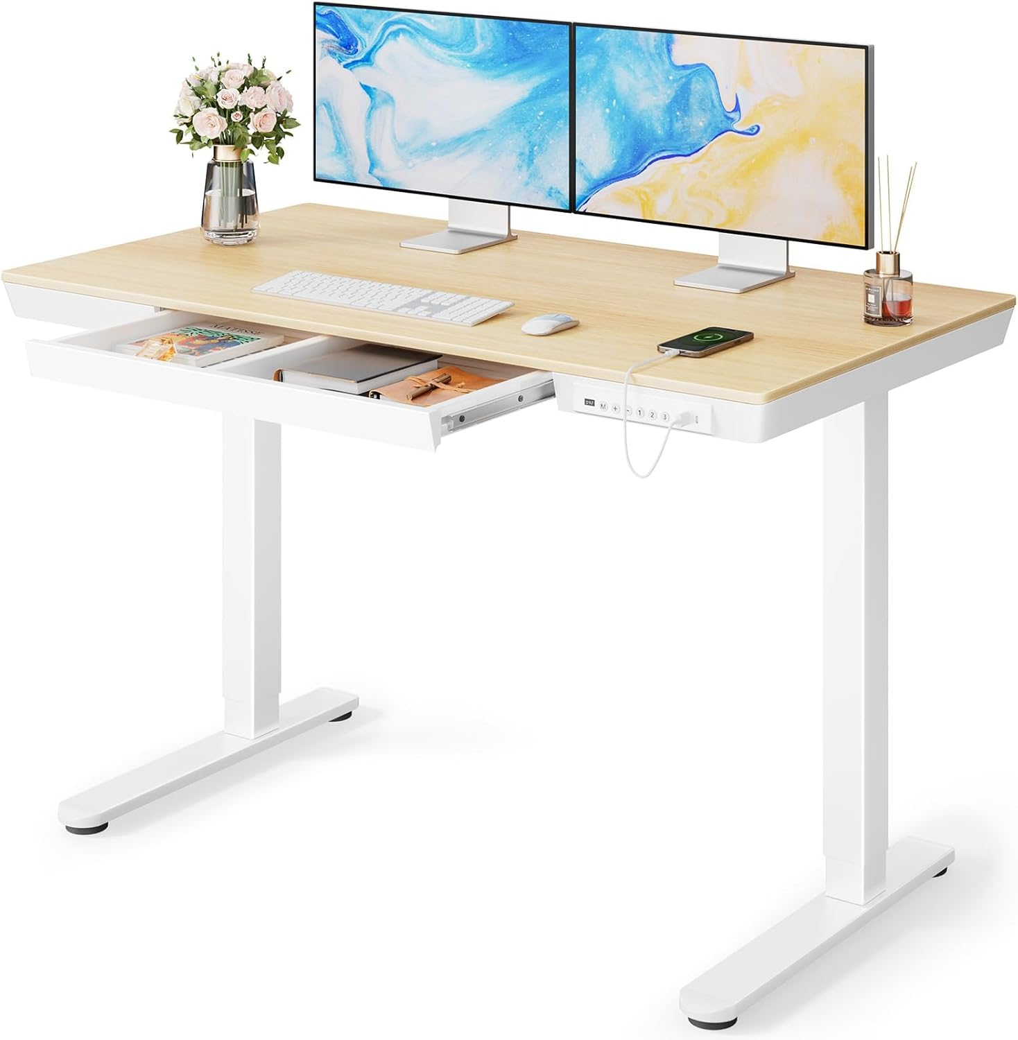 Electric Solid Standing Desk, 48 X 24 Inch Standing Desk with Drawer, Sit Stand