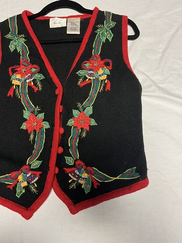Kathi Lee Holiday Sweater Vest Womens Medium Black Button Up Embroidered Vintage - Picture 5 of 12