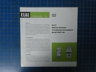 ELAC Technisches Blatt Nr.52 HiFi Stereo Kristall TonabnehmersystemKST110 H12634