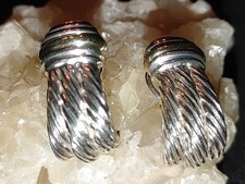 David Yurman Sterling Silver & 14K  3 Row Rope Cable Shrimp Omega Back Earrings