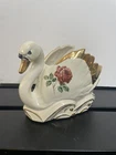 Vintage McCoy Art Pottery White Swan Flower Vase Planter Mid Century Gold Rim