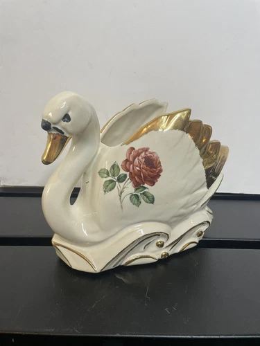 Vintage McCoy Art Pottery White Swan Flower Vase Planter Mid Century Gold Rim