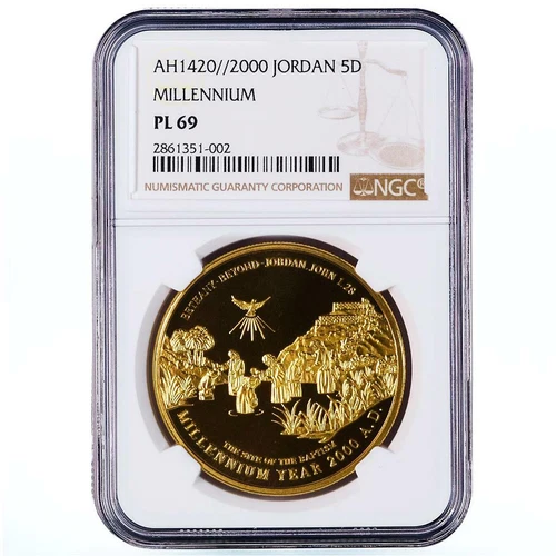 Jordan 5 dinars Abdullah II Millennium Baptism Jesus PL 69 NGC brass coin 2000