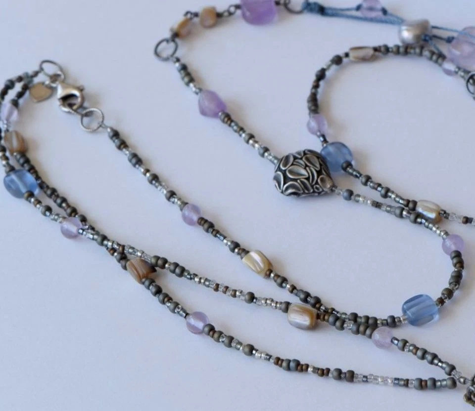 Colar de cordão longo Silpada prata esterlina ametista pérola bronze concha N2246 - Imagem 2 de 4