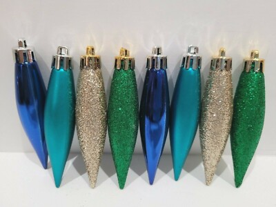 Peacock Blue Gold Glitter Plastic 3.5'' Christmas Tree Ornaments Decor Set of 8