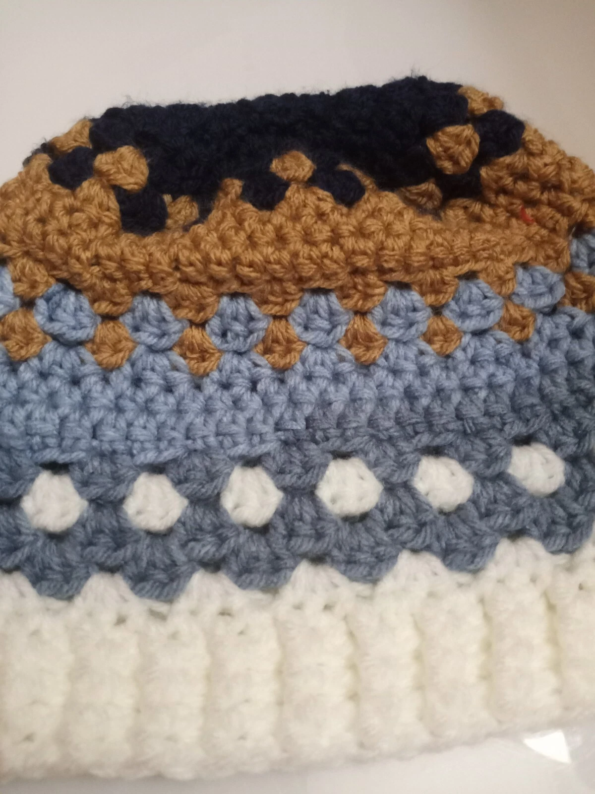 Blue Navy Brown White Winter Beanie Hat / Crochet / Handmade / Unisex / Adult S