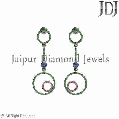 Pendentif En Argent 925 Avec Saphir Naturel Bleu Et Chromé Diopside - Design Fleur, Taille 48x57 Mm, Neuf