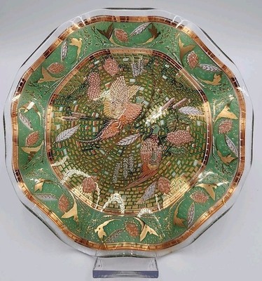 Pheasants Scalloped Edges Serving Plate By Houze Art Reverse Painted MCM 