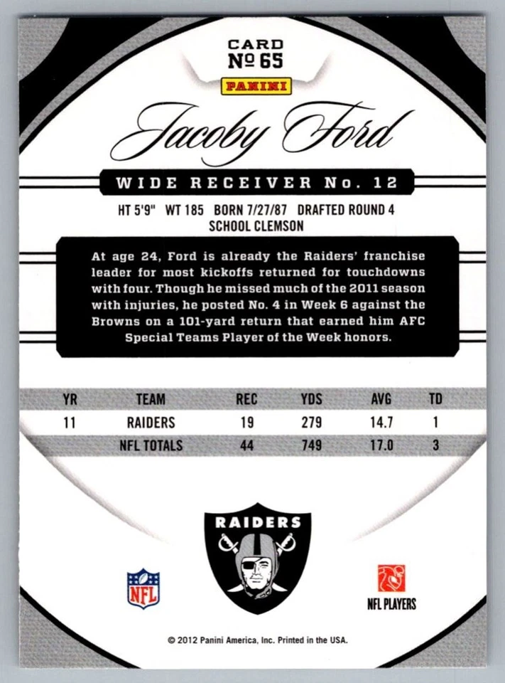 2012 Panini Certified Jacoby Ford Oakland Raiders #65 - Image 2 of 2