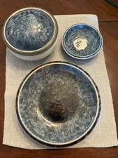 green hill pottery crystalline blue plate bowl and covered bowl