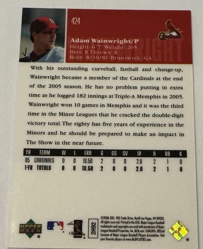 Adam Wainwright 2006 cubierta superior púrpura novato 081/150 #424 Foto 3 de 3