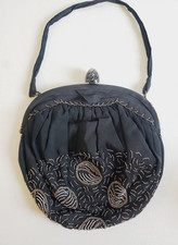 Antique BLACK Silk Silver Bling Beaded Evening Handbag Purse