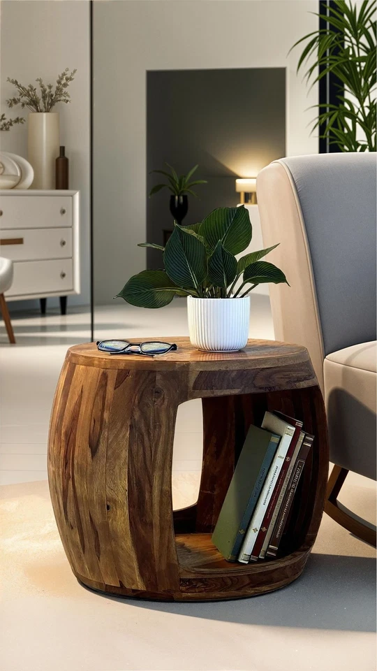 Table d'Appoint Ø 50cm Sheesham Bois Massif Rond Rangement Basse Table de Salon - Photo 2/4