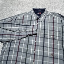 Vtg Tommy Hilfiger Men's XL Blue/Red/Gray Striped Plaid Button Shirt Crest
