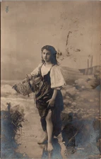 Postcard Real Photo RPPC Pretty Peasant Woman with Basket Unposted