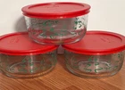 3-  PYREX CHRISTMAS 4 CUP STORAGE BOWLS TREES  WITH Red LIDS