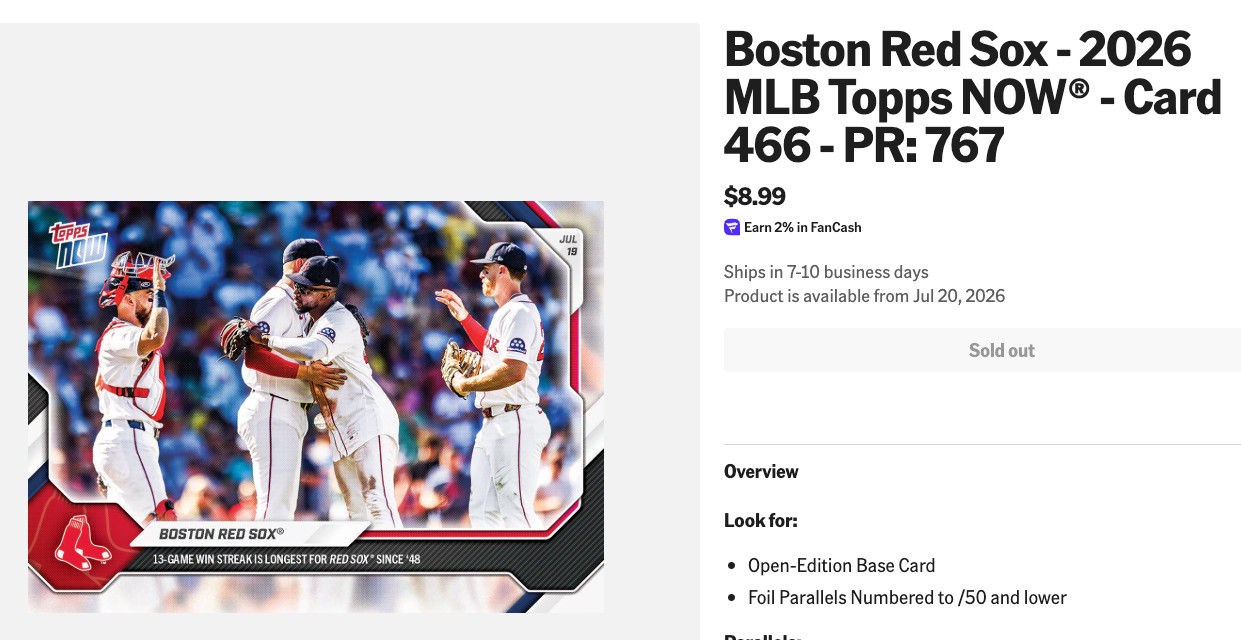 BOSTON RED SOX topps now card#466 "13 GAME WINNING STREAK" Sonny Gray win PR:767