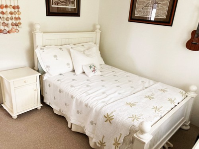 #ad 5 Piece Bedroom Set with Dresser night stand and full size bed and linens $747.50