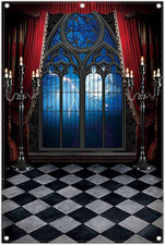 Gothic Vampire Medieval Castle Backdrop Halloween Window Moon Bats 8x12ft