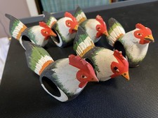 Rooster / Chicken / Hen Hand Painted Wood Vintage Napkin Rings Holders Set of 6